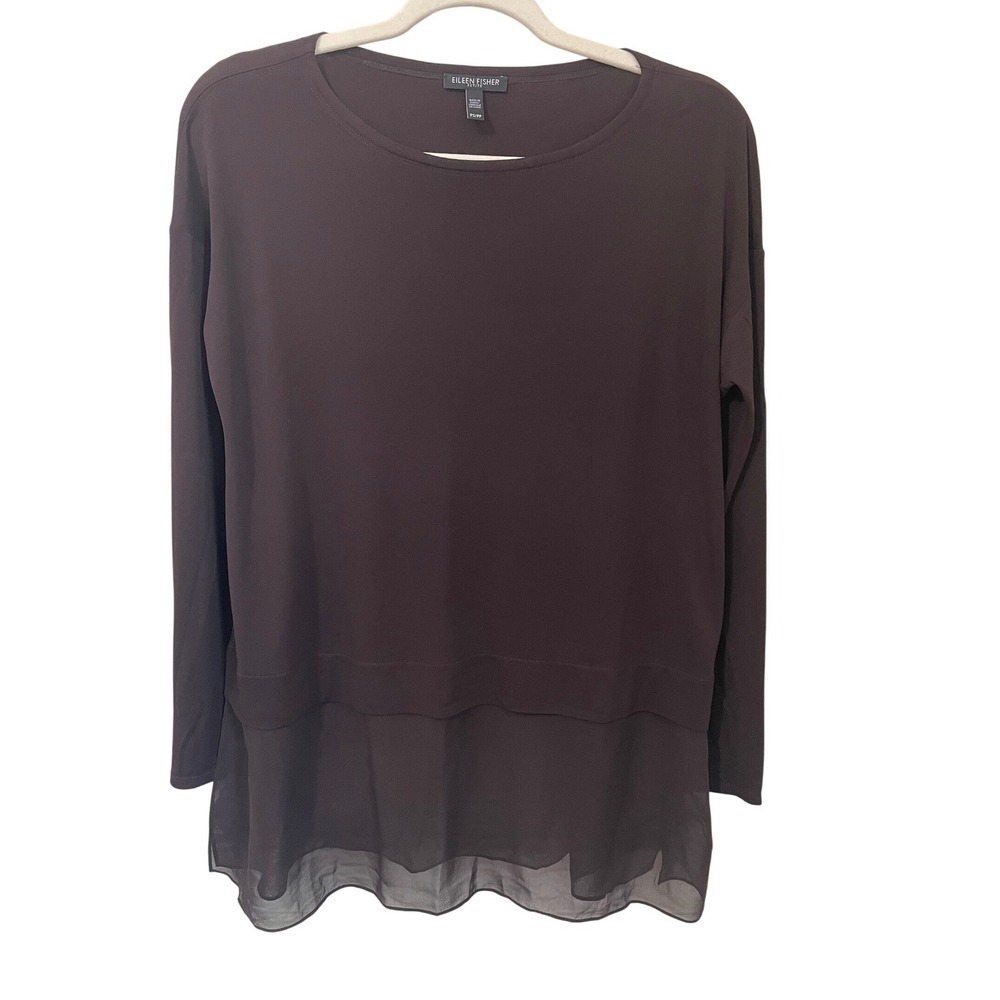 Eileen Fisher Petite Small 100% Silk Layered Hem Long Sleeve Top Dark Brown